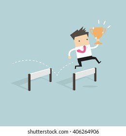 Businessman jumping over obstacle and holding trophy vector