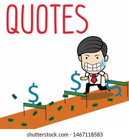 Businessman jumping over an obstacle on a running track on the way to keep money. Funny cartoon style.