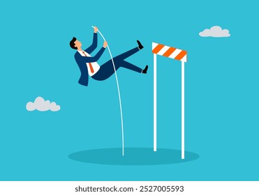 Businessman jumping over obstacle, overcoming hurdle.