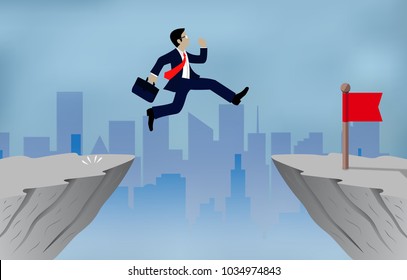 Businessman jumping over obstacles over chasm Go to the opposite goal concept.  business success. challenge, risk, and overcome problem or obstacles. Cartoon, vector illustration.