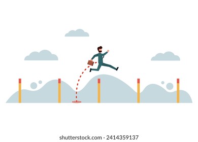Businessman jumping over obstacles. Overcome obstacles to achieve better goals. A good businessman who never gives up and overcomes obstacles. Business concept. Vector illustration flat design style