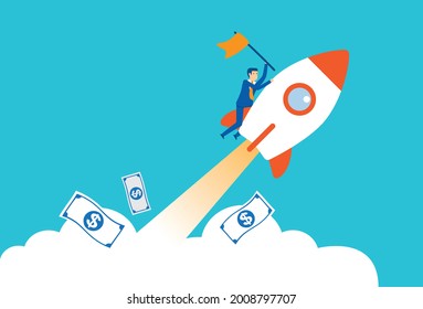 Businessman jumping over obstacles to the rocket, Vector illustration design concept in flat style