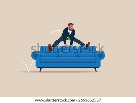 Businessman jumping over on sofa. Worker employee overcome barrier solve trouble. Comfortable sofas. Challenge concept. Vector illustration.
