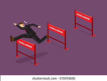 Businessman jumping over series of hurdles with text Challenge on them. Vector cartoon illustration for concept on overcoming challenges.