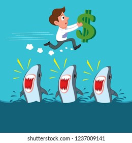 Businessman jumping over the shark trap, illustration vector cartoon