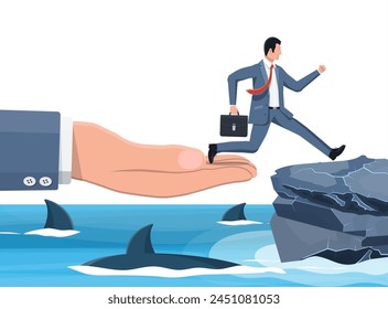 Empresario saltando sobre tiburón en el agua. Hombre de negocios en traje saltar entre la brecha. Obstáculo en el camino, crisis financiera. Equipo, colaboración. Desafío de gestión de riesgos. Ilustración vectorial plana