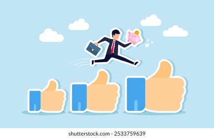 A businessman jumping over stacked thumbs-up signs while carrying a piggy bank, illustration of receiving appreciation for successful investment methods  