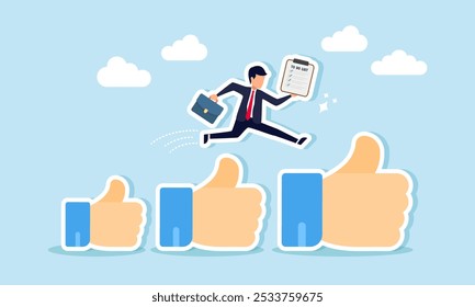 A businessman jumping over stacked thumbs-up signs while holding a to-do list board, illustration of receiving appreciation for successfully completing task lists  