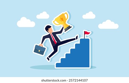 Businessman jumping over stairs while carrying a trophy to reach the top, illustration of efforts to maintain the title as a leading company