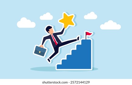 Businessman jumping over stairs while carrying a star to reach the top, illustration of improving business product quality to increase business revenue