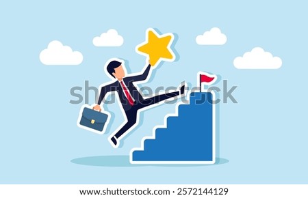 Businessman jumping over stairs while carrying a star to reach the top, illustration of improving business product quality to increase business revenue