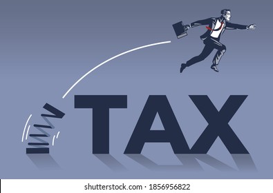 Businessman Jumping Over Tax Text Blue Collar Conceptual Illustration