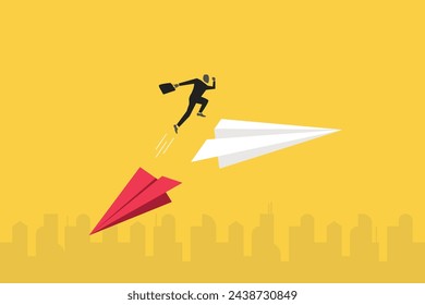 Businessman jumping paper plane. Concept of Job opportunity and career, under pressure, risk, financial, and tax