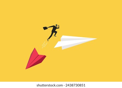 Businessman jumping paper plane. Concept of Job opportunity and career, under pressure, risk, financial, and tax