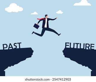 Businessman jumping from past to future wording on cliff.  choice between past and future illustration, Going to the Future, Hope concept.