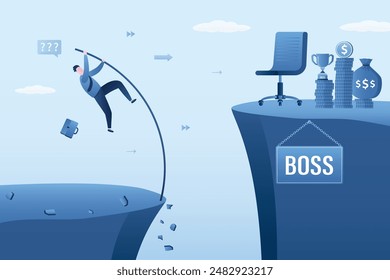 Businessman jumping pole vault over abyss to boss chair. Career growth, career target achievement, peak time of life, self development. Employee fast promotion on career ladder. Overcoming obstacles.