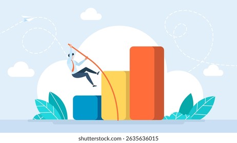 Businessman jumping pole vault over growth bar graph. Man pole vaulting over high goals with line graph. Business growth, increase earning and profit. Vector illustration