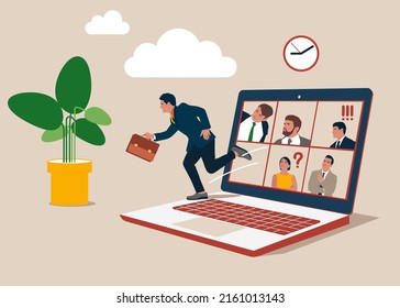 Businessman Jumping From Remote Video Call Running Back To Work In The Office. Ending COVID-19 Lockdown, People Back To Work In The Office, End Remote Working And Return To Work Face To Face Concept.