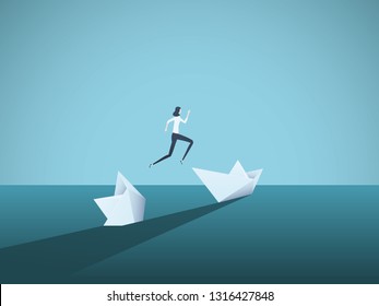 Businessman jumping from sinking ship vector concept. Symbol of new beginning, bailout, bankruptcy, new opportunity. Eps10 vector illustration.