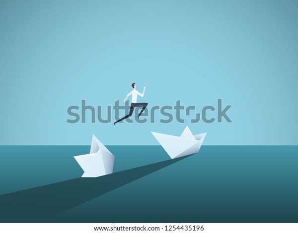 Businessman jumping from sinking ship\
vector concept. Symbol of new beginning, bailout, bankruptcy, new\
opportunity. Eps10 vector\
illustration.
