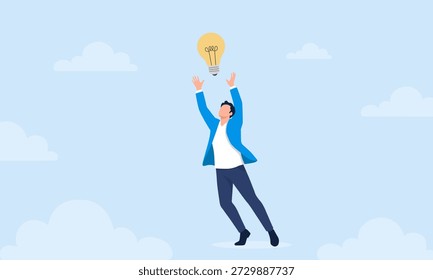 Businessman jumping in sky to catch light bulb representing new creative idea and innovation vector illustration	