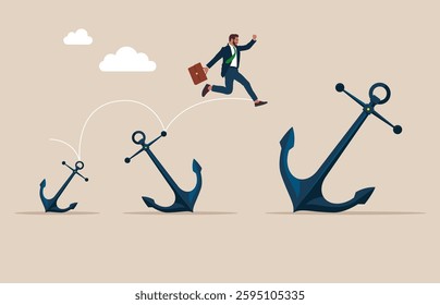 Businessman jumping from small to the big anchor. Hard work and struggle in business. Modern vector illustration in flat style. 