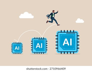 Businessman jumping from small to the big artificial intelligence chip. Technology of ideas and global or use Ai for data analysis. Flat vector illustration 