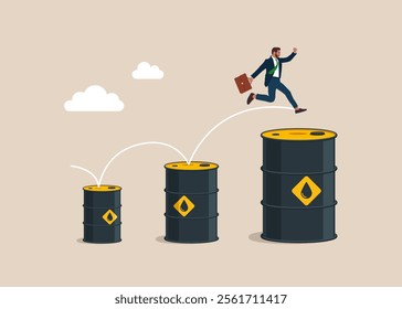 Businessman jumping from small to the big barrel oil. Idea, Financial and investment growth. Investment, wealth management. Commodities price for trading and investment, Crude oil. Vector