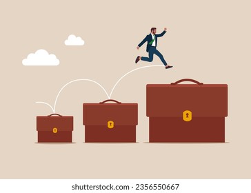 Businessman jumping from small to the big briefcase. Career growth development plan, job promotion. Modern vector illustration in flat style. 