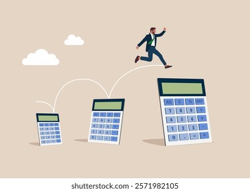 Businessman jumping from small to the big calculator. Interest, financial and mortgage rates. Budget management concept. Financial calculation of money. Tax time. Vector illustration