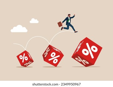 Businessman jumping from small to the big cube block with percentage symbol icon. Interest, financial and mortgage rates. . Flat vector illustration.