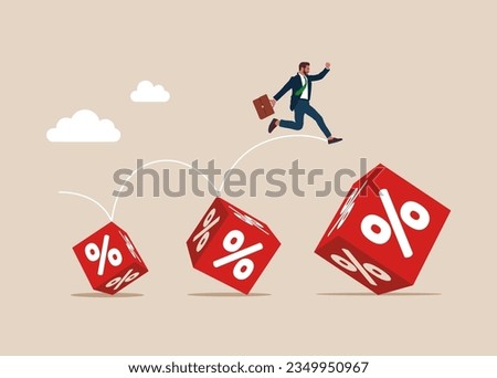 Businessman jumping from small to the big cube block with percentage symbol icon. Interest, financial and mortgage rates. . Flat vector illustration.