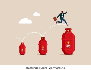 Businessman jumping from small to the big gas cylinder. Idea, Financial and investment growth. Investment, wealth management. Commodities price for trading and investment. Used for various industries