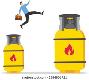 Businessman jumping from small to the big gas cylinder. Idea, Financial and investment growth. Investment, wealth management. Commodities price for trading and investment. Used for various industries
