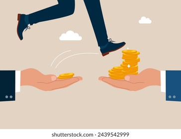 Businessman jumping from small to the big money. Change job. Jump into a high paying job. Modern vector illustration in flat style. 