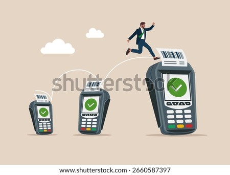 Businessman jumping from small to the big point of sale terminal for credit card payment. Interest, financial and mortgage rates. Confirms the payment by debit credit card, money, security. 