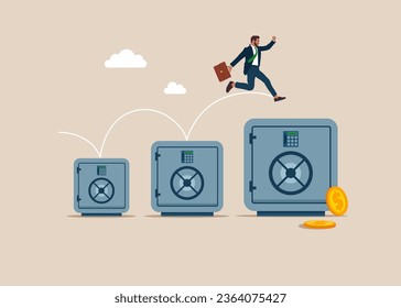 Businessman jumping from small to the big safe. Capital money growth. Modern vector illustration in flat style. 