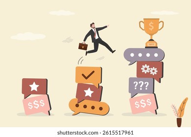 Businessman jumping from small stack to the big pile of speech bubbles. Discussion, conversation, meeting, team communication, colleague chatting. Successful negotiations. Flat vector illustration