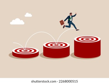 Businessman jumping from small target to the big target. Modern vector illustration in flat style. 