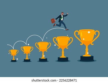 Businessman jumping from small win trophy to get bigger one. Achieve bigger goal, strategy or inspiration to success. Modern vector illustration in flat style