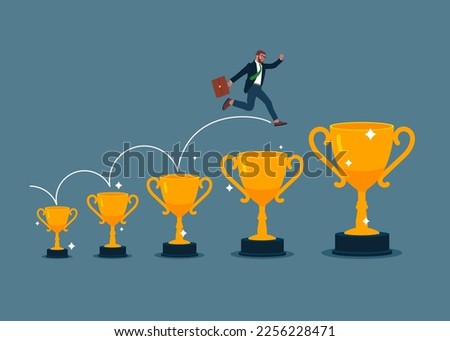 Businessman jumping from small win trophy to get bigger one. Achieve bigger goal, strategy or inspiration to success. Modern vector illustration in flat style