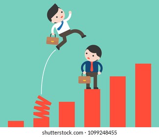 Businessman jumping from spring chart, shortcut key to success competitive concept