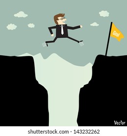 Businessman jumping with spring from a part of a mountain to another for a high target