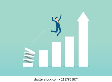 Businessman jumping from springboard, back to top, growing bar graph, stock market rise, highest point, Vector illustration design concept in flat style