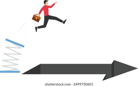 Businessman jumping from springboard, back to top, growing bar graph, stock market rise, highest point, Vector illustration design concept in postcard template

