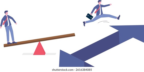 Businessman jumping from springboard, back to top, growing bar graph, stock market rise, highest point, Vector illustration design concept in postcard template


