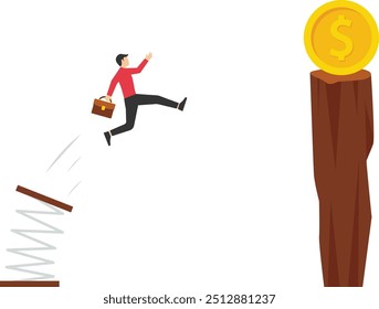 Businessman jumping from springboard to a dollar coin. Vector design