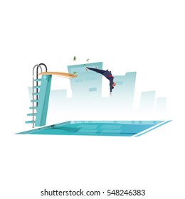 businessman jumping from springboard to the pool. financial concept - vector illustration