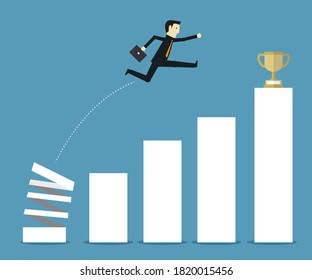 Businessman jumping from springboard to trophy. Vector design