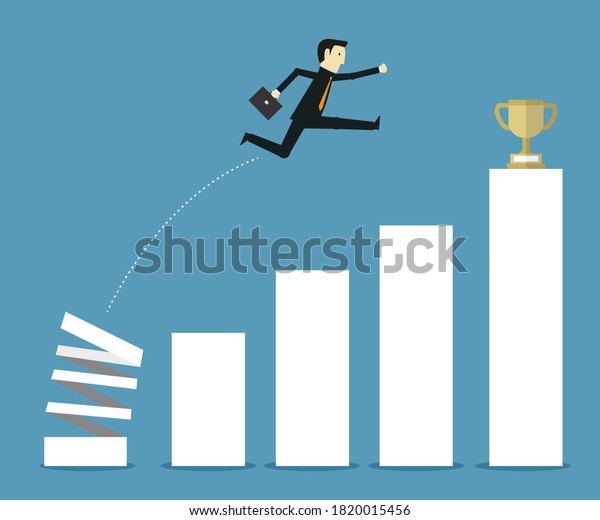 Businessman jumping from springboard to trophy.\
Vector design